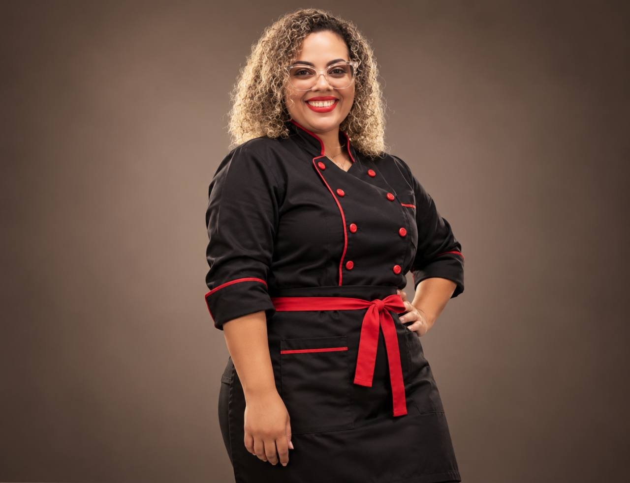 Aline, fundadora da Myrtes Cake, com roupa de confeiteira.